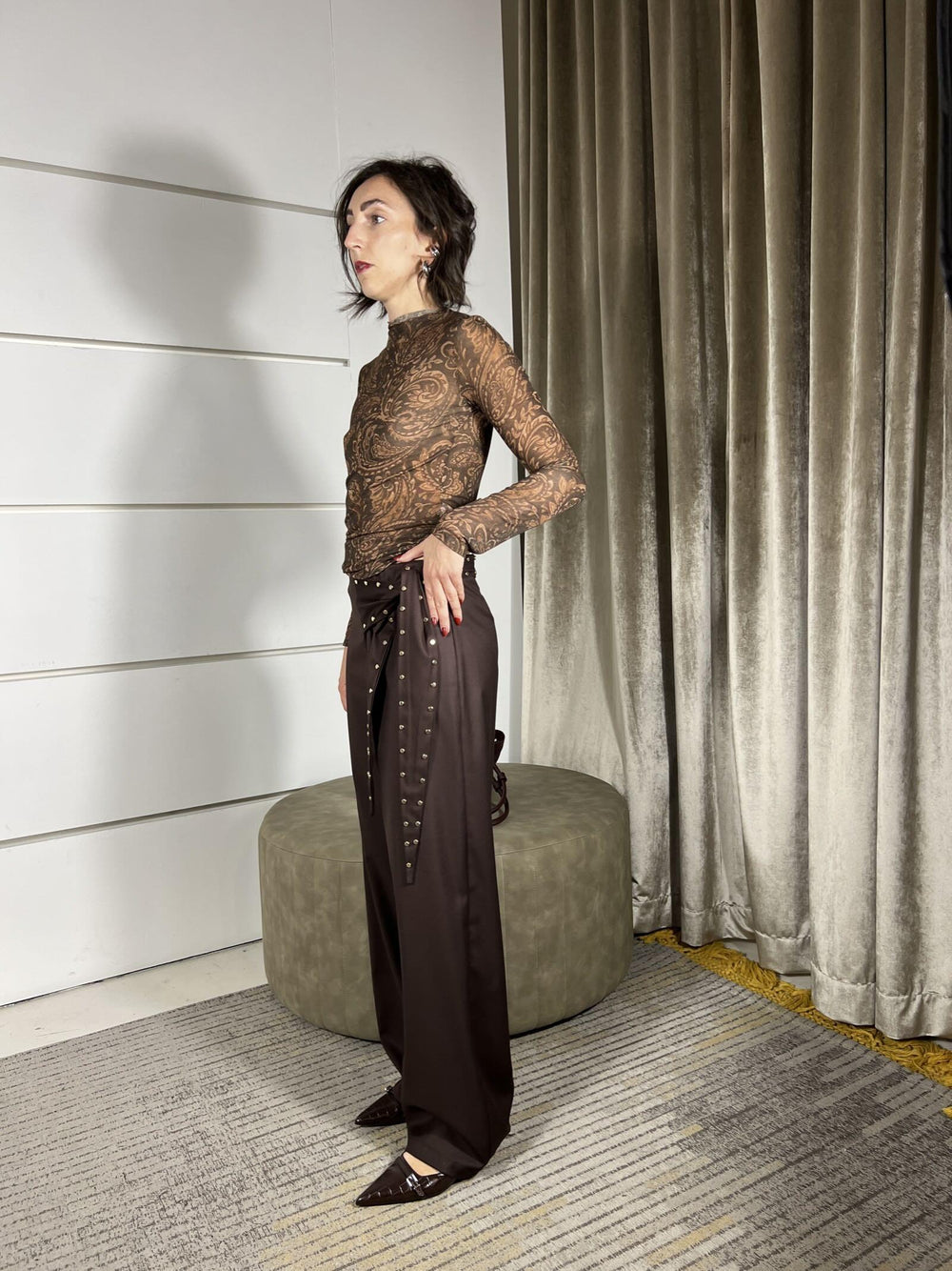 pantalone a palazzo con cintura con borchie moro PVS-P281MORO HAVE ONE