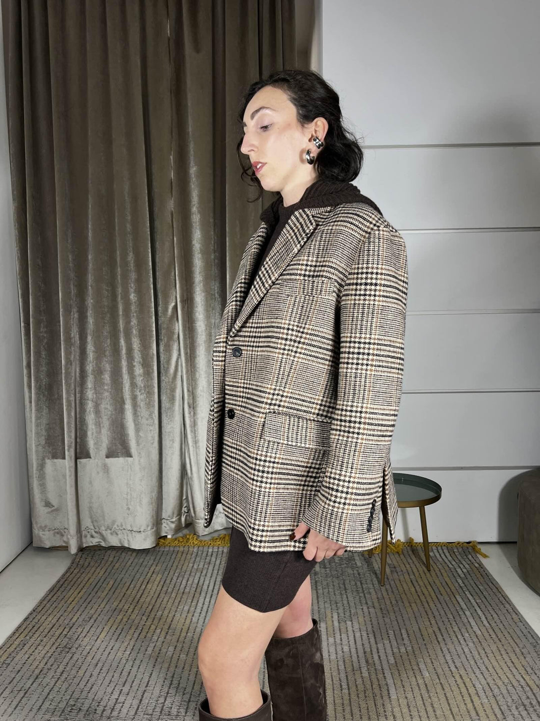 giacca cappotto pied de poule con cappuccio in maglia staccabile TF2084MORO/BURRO/BRUCIATO VICOLO