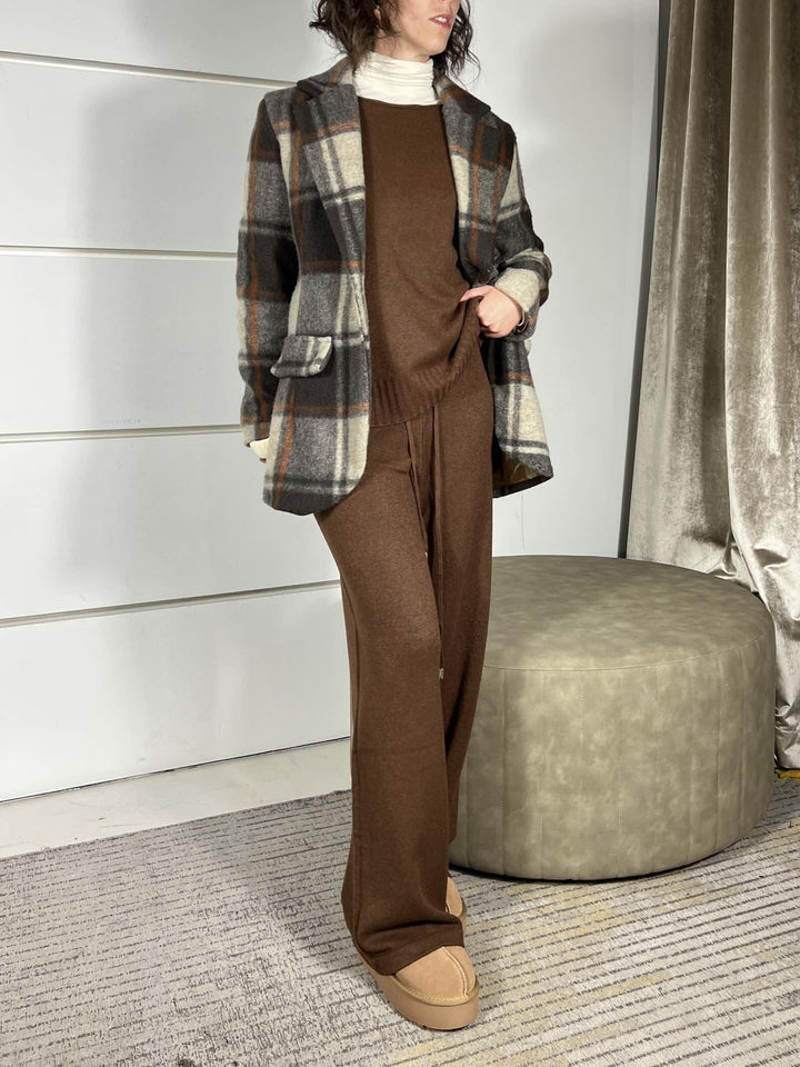 completo cioccolato maglia e pantalone a palazzo in calda viscosa LN871325MORO SUSY MIX