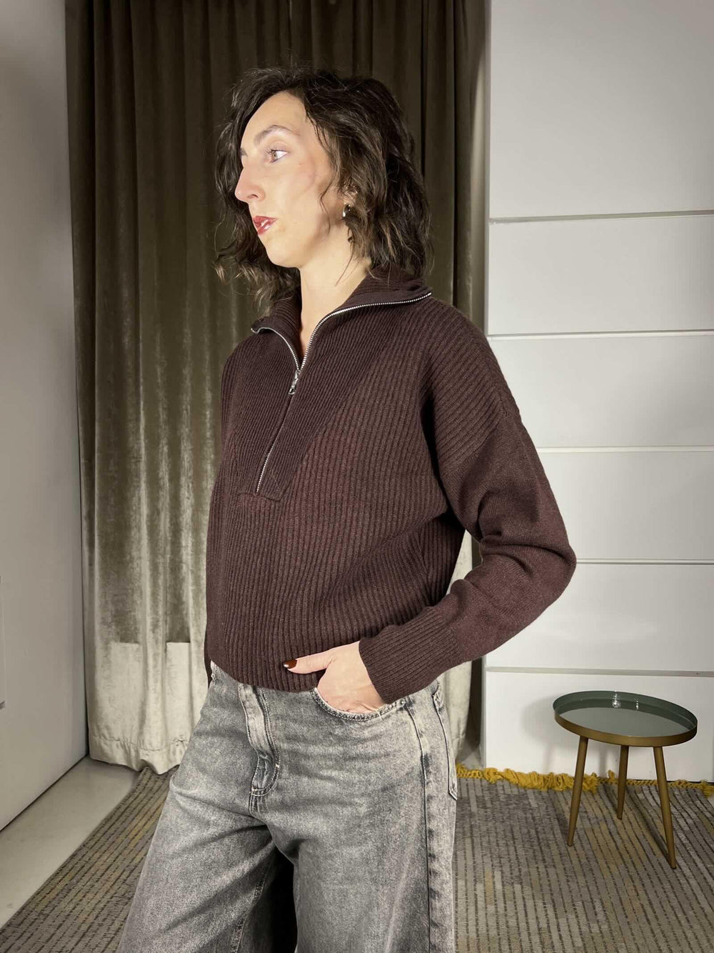 maglione con zip 100% lana moro WL794AI25MORO TENSIONE IN