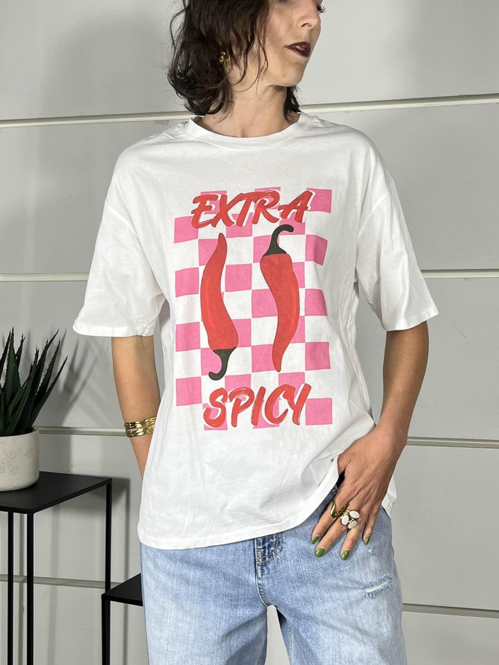 t-shirt con stampa extra spicy sui toni deli rosso e rosa 690002EXTRA SPICY SPICY CAFE