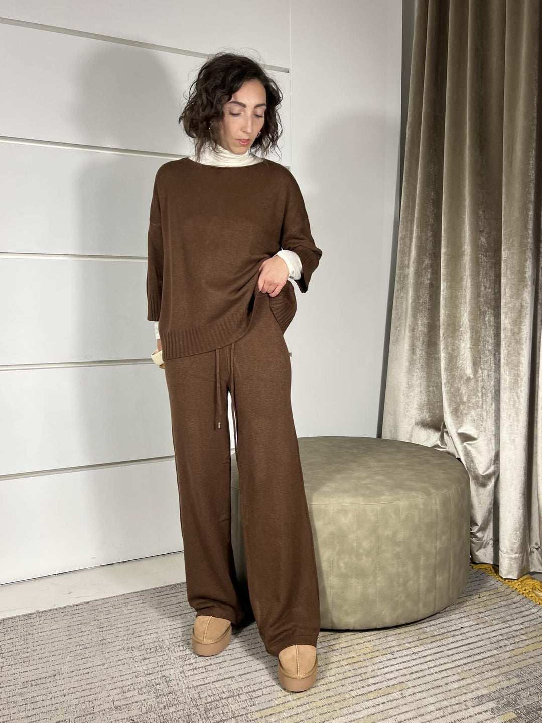completo cioccolato maglia e pantalone a palazzo in calda viscosa LN871325MORO SUSY MIX