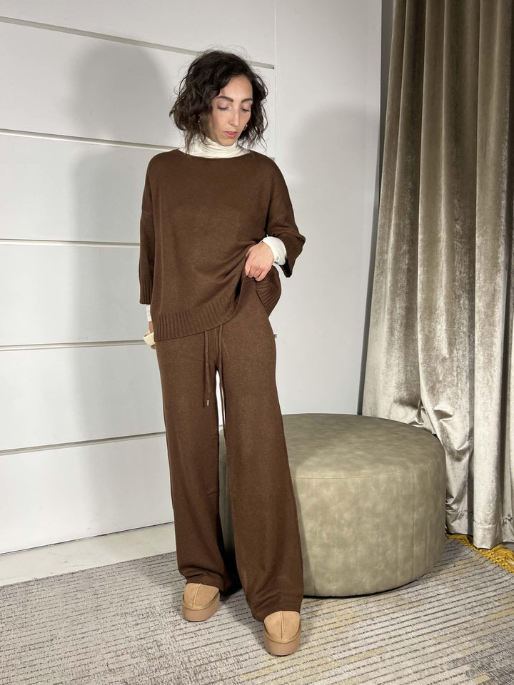 completo cioccolato maglia e pantalone a palazzo in calda viscosa LN871325MORO SUSY MIX