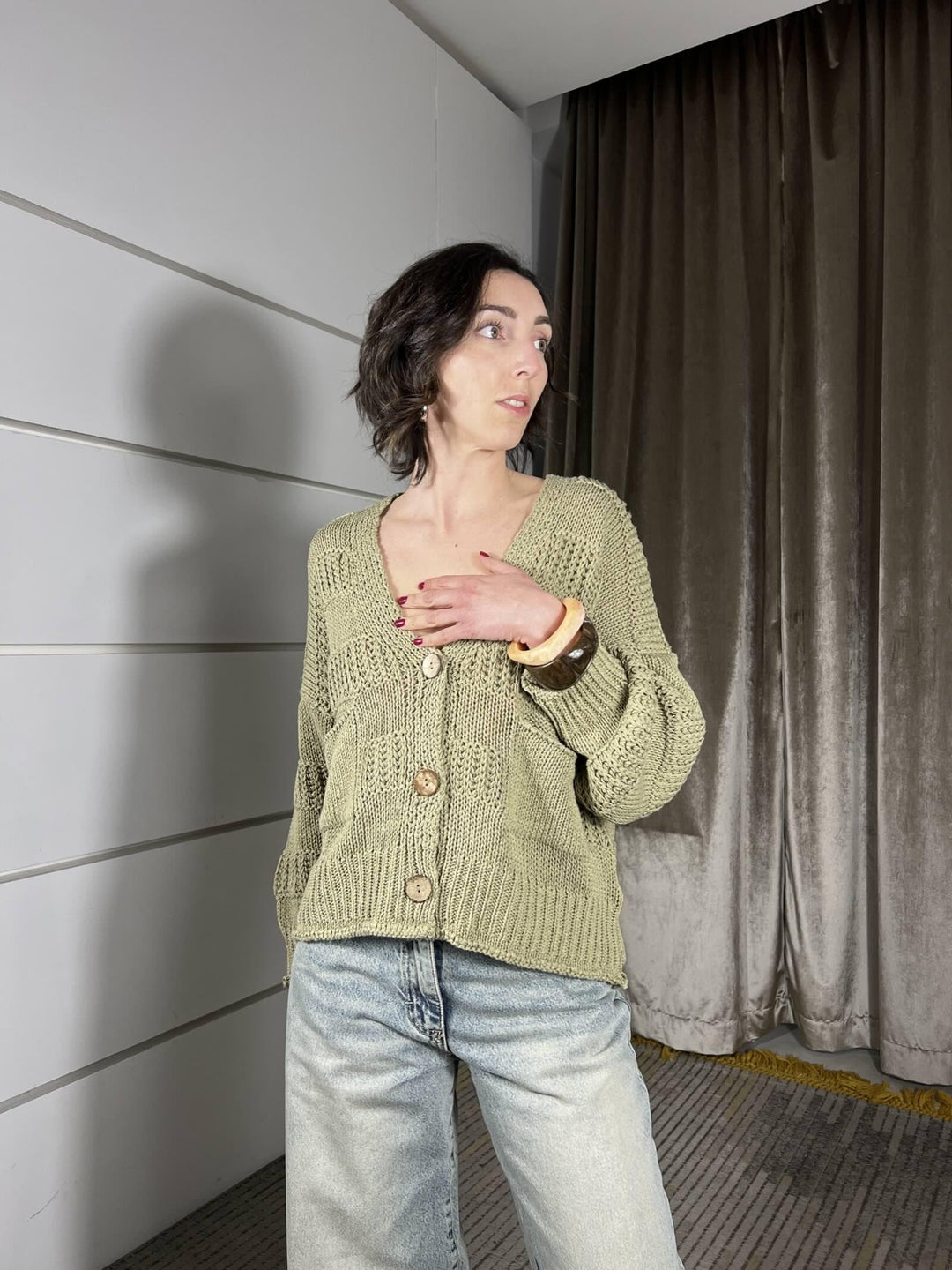 cardigan kaki scollo a v con bottoni e bande rilievo JIT-Q006KAKI HAVE ONE
