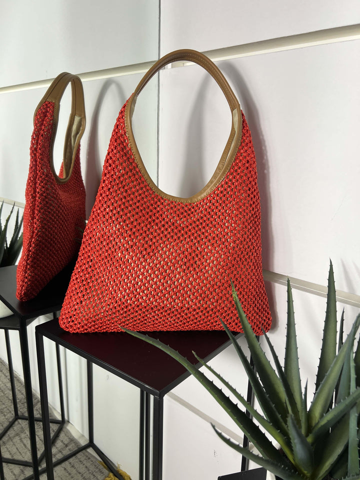 borsa a spalla in rafia rossa con inserti in pelle RF-B0182ROSSO FEMME CAFE SELECTION