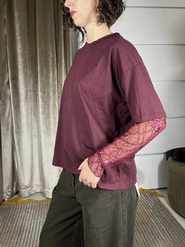 t-shirt vino manica corta con pizzo 11073VINO SUSY MIX