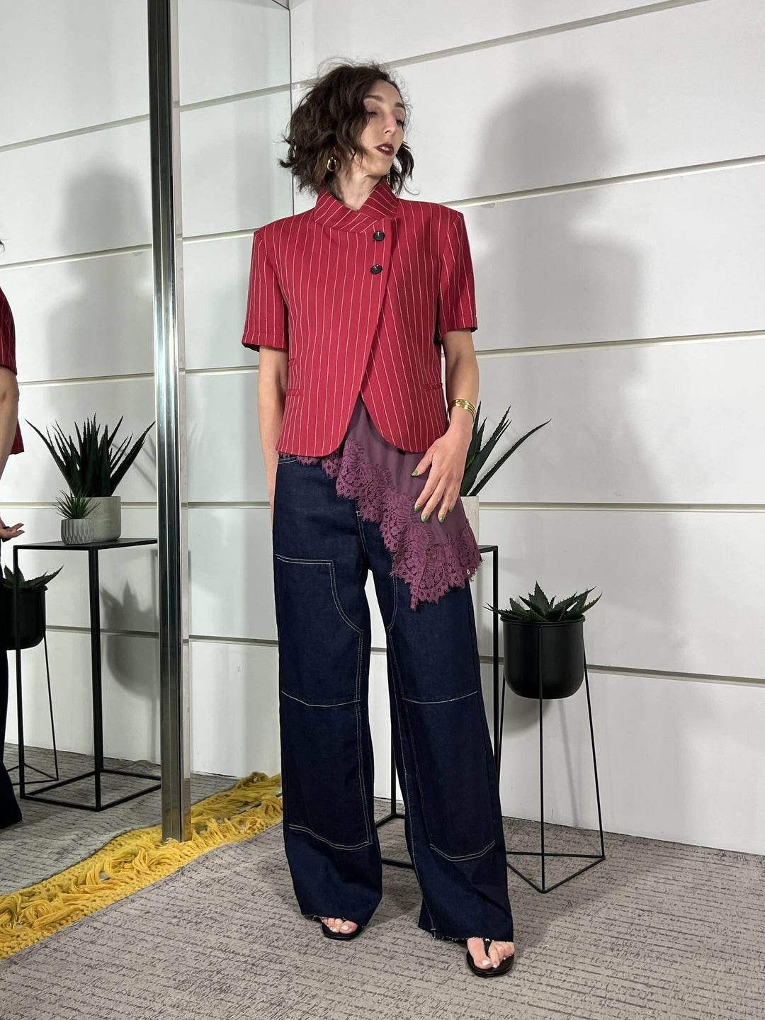giacca gessata coreana, manica corta rossa JMN-Q115ROSSO HAVE ONE