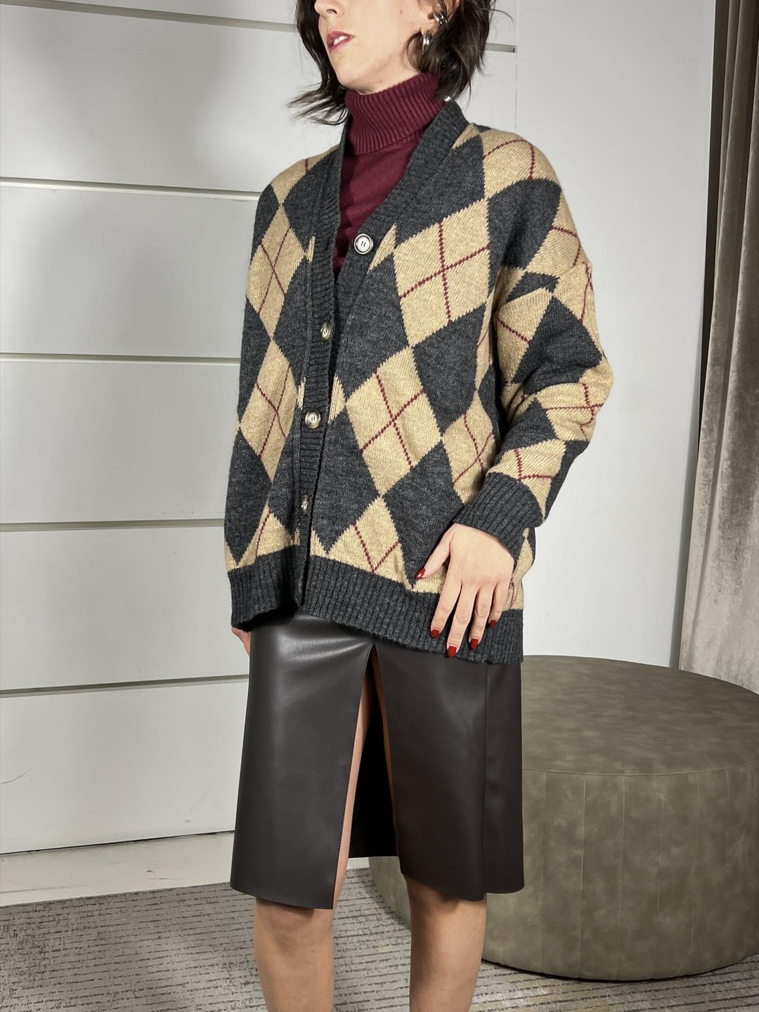 cardigan scollo a v a quadri grigio e cammello 77290FGRIGIO/CAMMELLO VICOLO