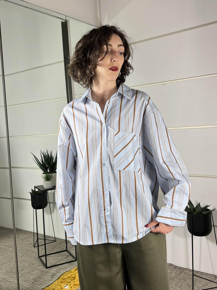 camicia over a righe in cotone celeste e tabacco CFW-Q178CELESTE/TABACCO HAVE ONE