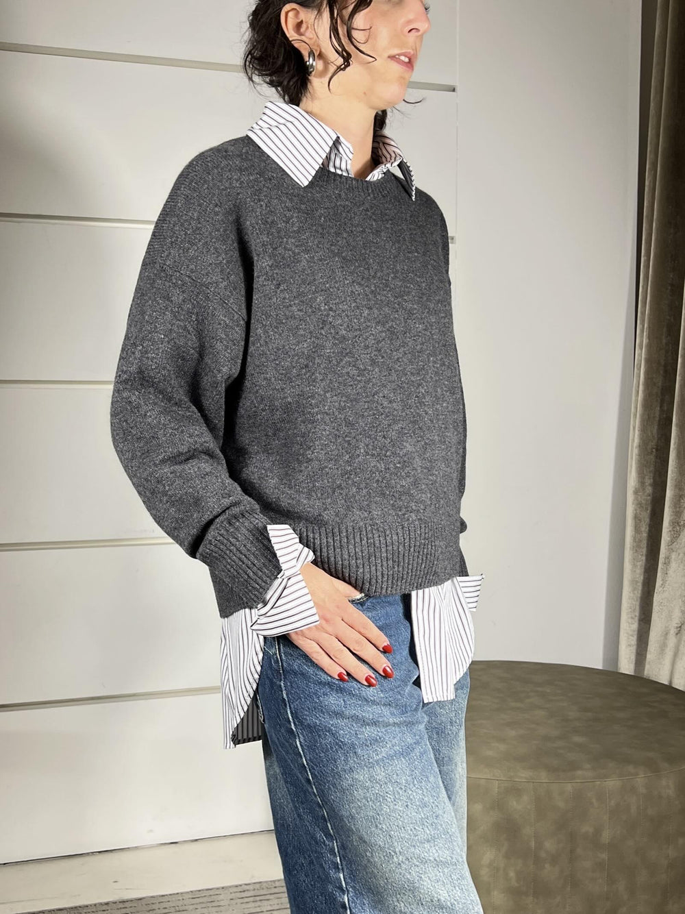 maglione girocollo over con coste 100%lana catrame WL788AI25CATRAME TENSIONE IN