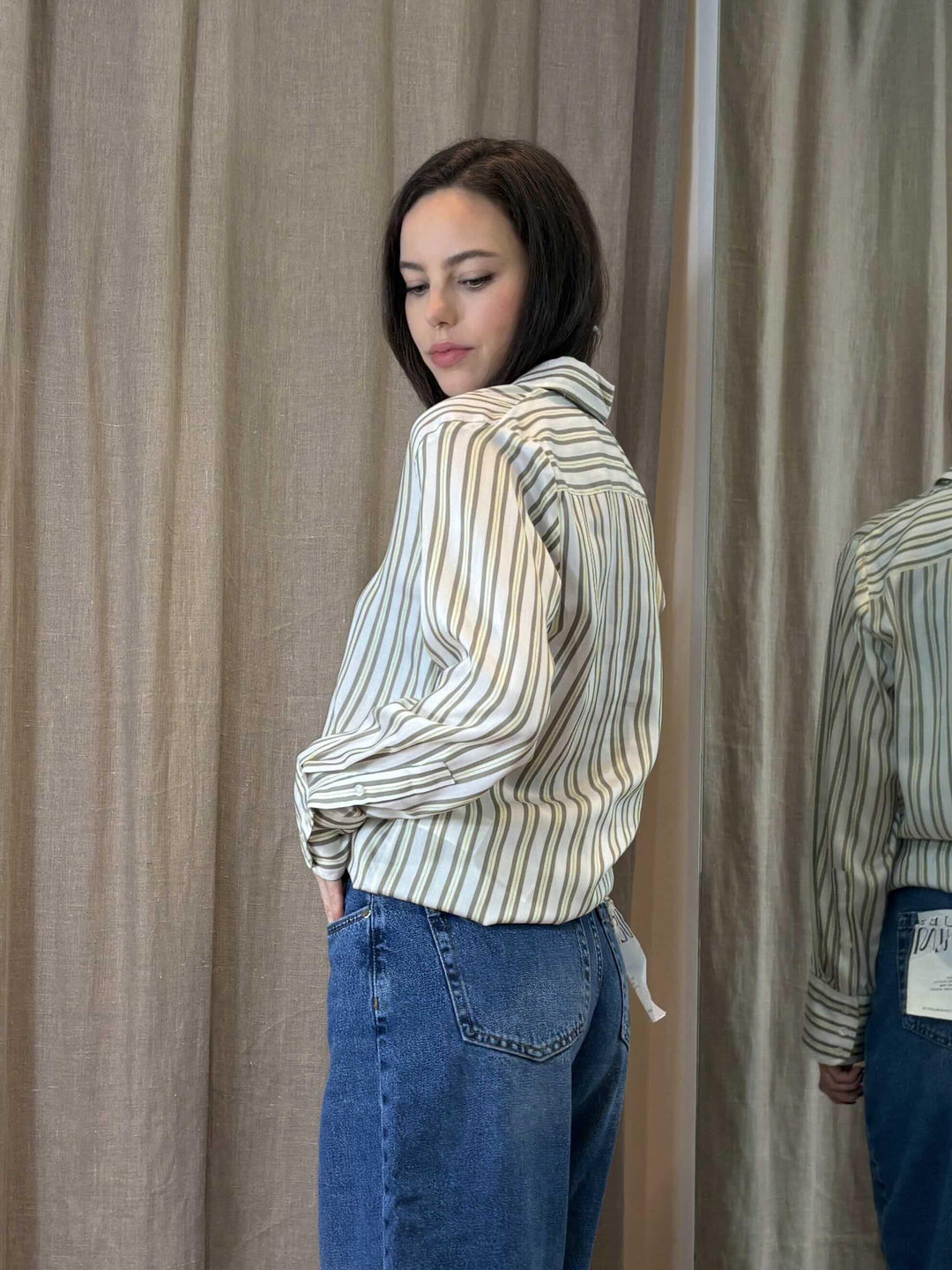 camicia a righe fluida bianca verde e olio TACCO003 iBLUES