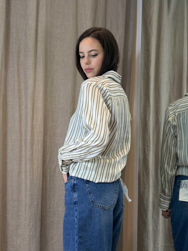 camicia a righe fluida bianca verde e olio TACCO003 iBLUES