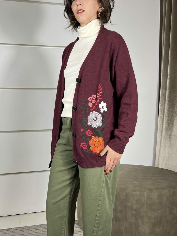 cardigan con ricamo fiori, scollo a v in misto lana bordeaux 77151FBORDEAUX VICOLO