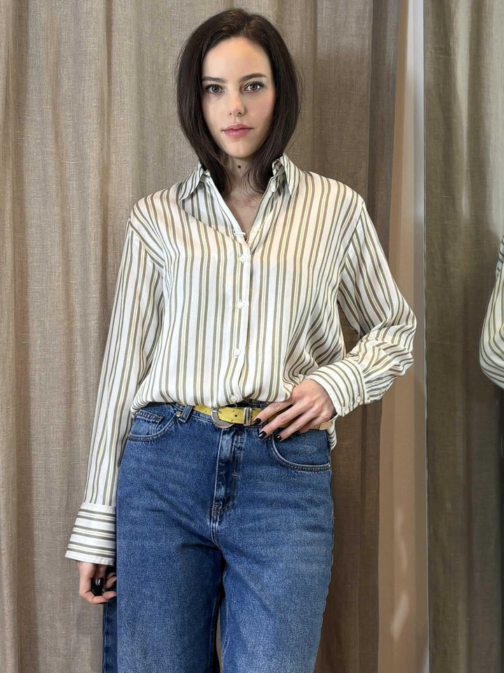 camicia a righe fluida bianca verde e olio TACCO003 iBLUES