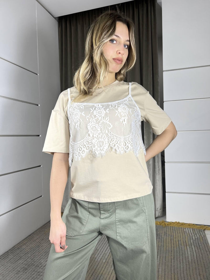 T-Shirt avorio con top in pizzo e collana 26632AVORIO SUSY MIX