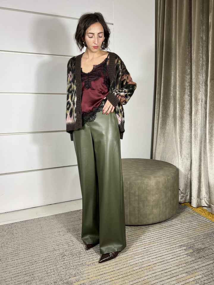 pantalone a palazzo in ecopelle verde militare 26P1054MILITARE TENSIONE IN