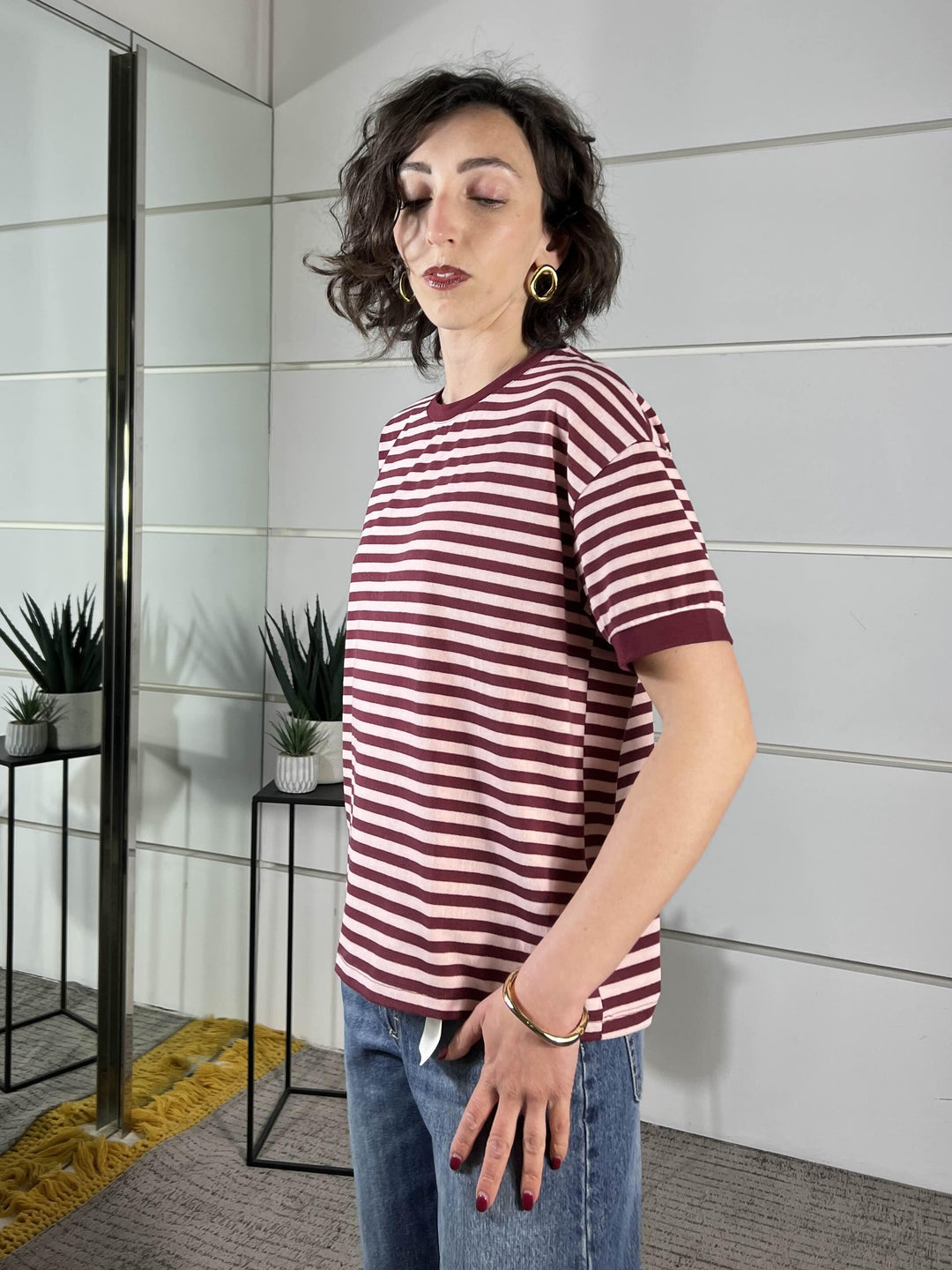 t-shirt girocollo a righe, manica corta rosa e bordeaux 26M4121ROSA/BORDEAUX TENSIONE IN