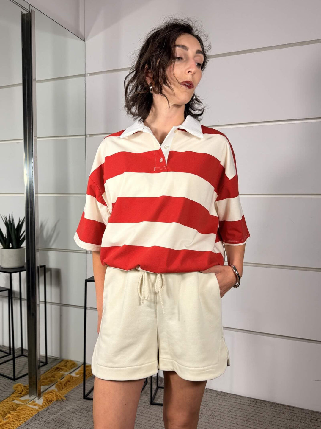 compelto polo a righe burro e rosso e short burro V02F0881BURRO/ROSSO PHILIA LOFT