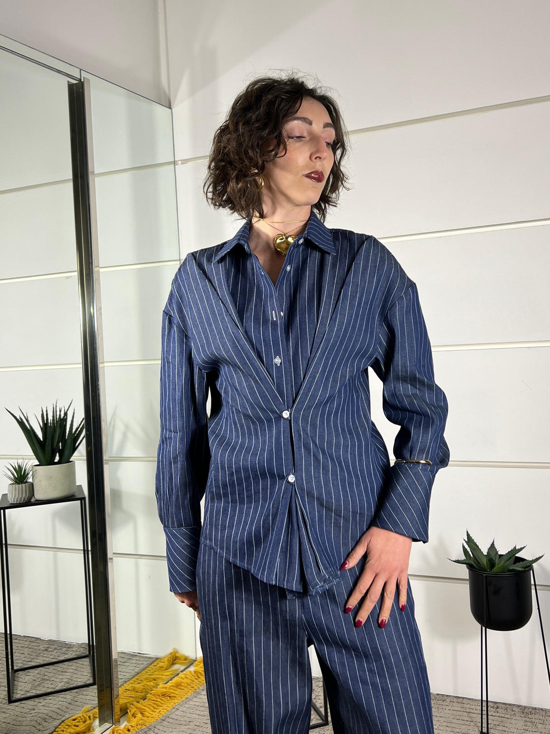camicia blu gessata con doppia abbottonatura CVS-Q238BLU HAVE ONE