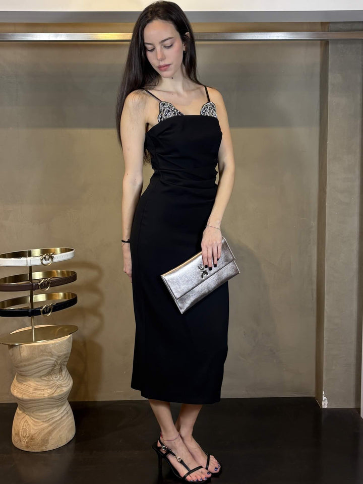 abito midi nero con ricamo gioiello argento CARRUBAZ99 PINKO