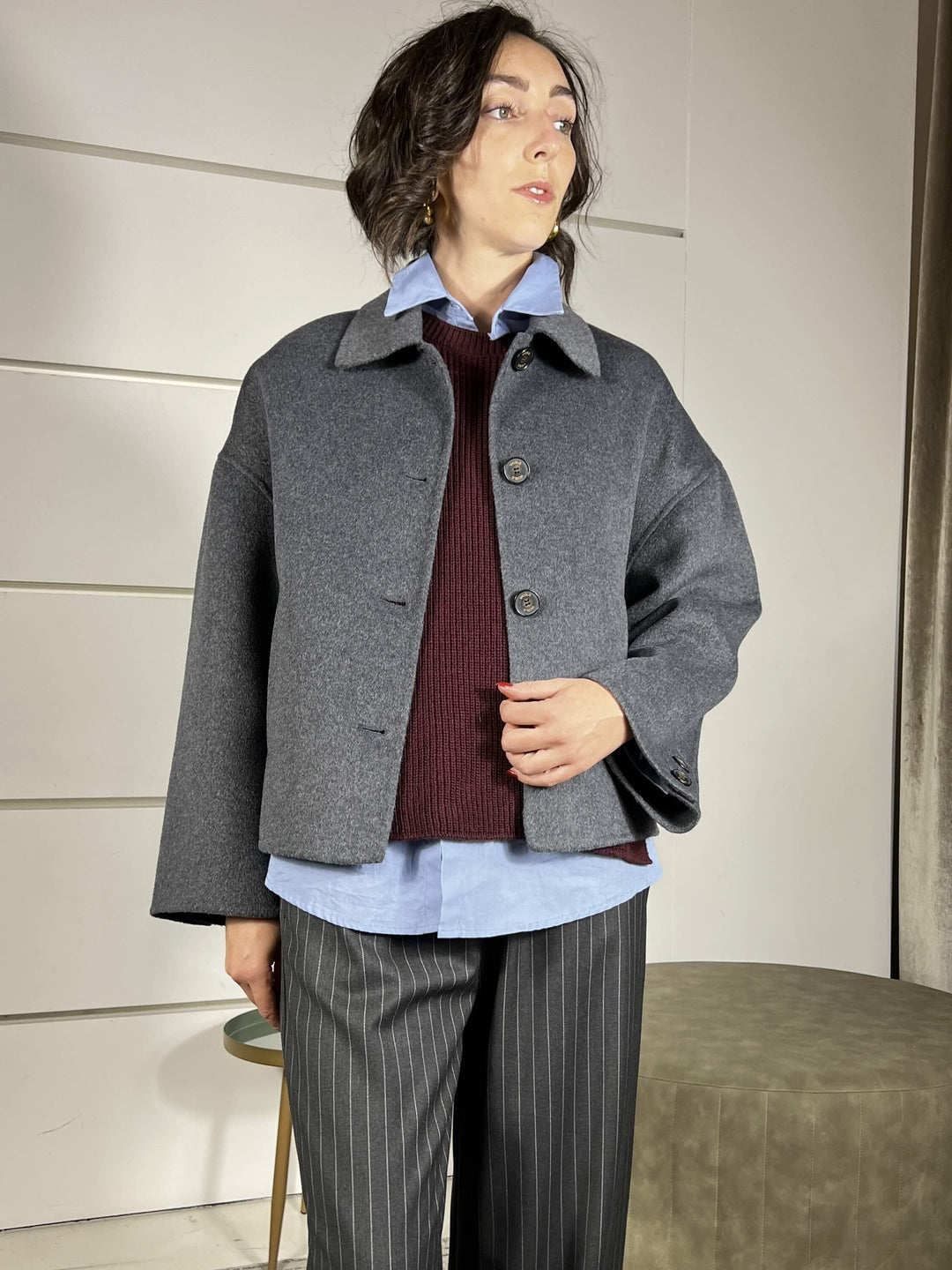 cappotto con collo a camicia 50% lana hand made grigio TF0011GRIGIO VICOLO