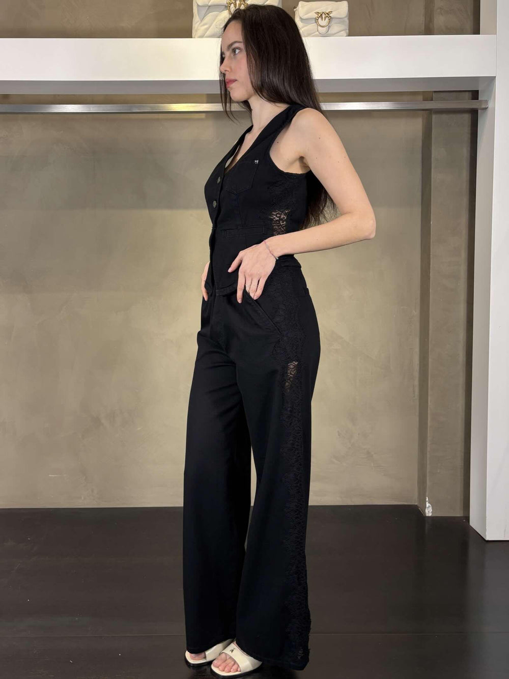 Pantalone denim nero con bande in pizzo PALCOZ99 PINKO