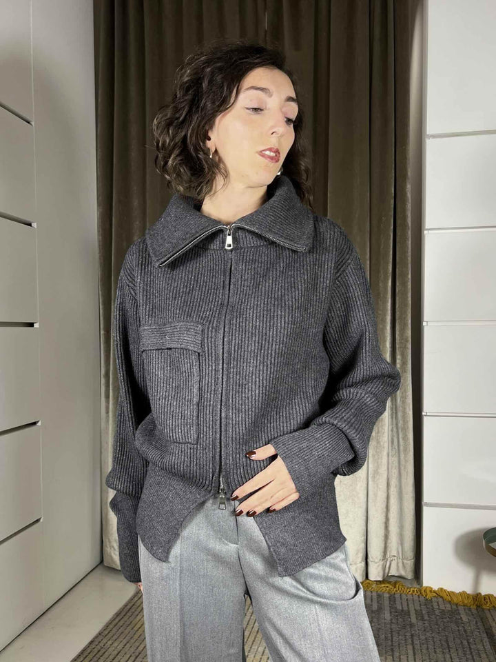 maglione con zip e tasca a patta 251871GRIGIO SUSY MIX