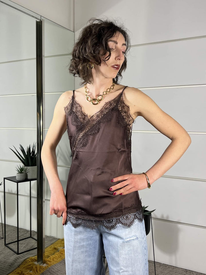 top satin con pizzo in viscosa moro 12013MORO SUSY MIX