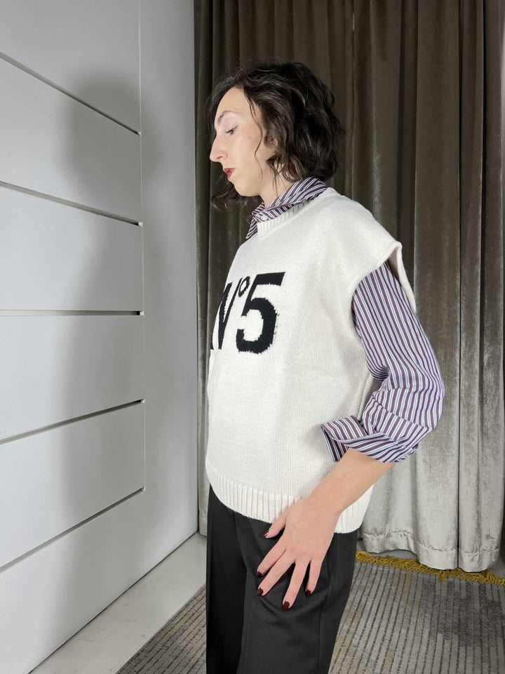 gilet girocollo misto lana e alpaca con scritta n5 W5HMT10A400WHITE OFF TENSIONE IN