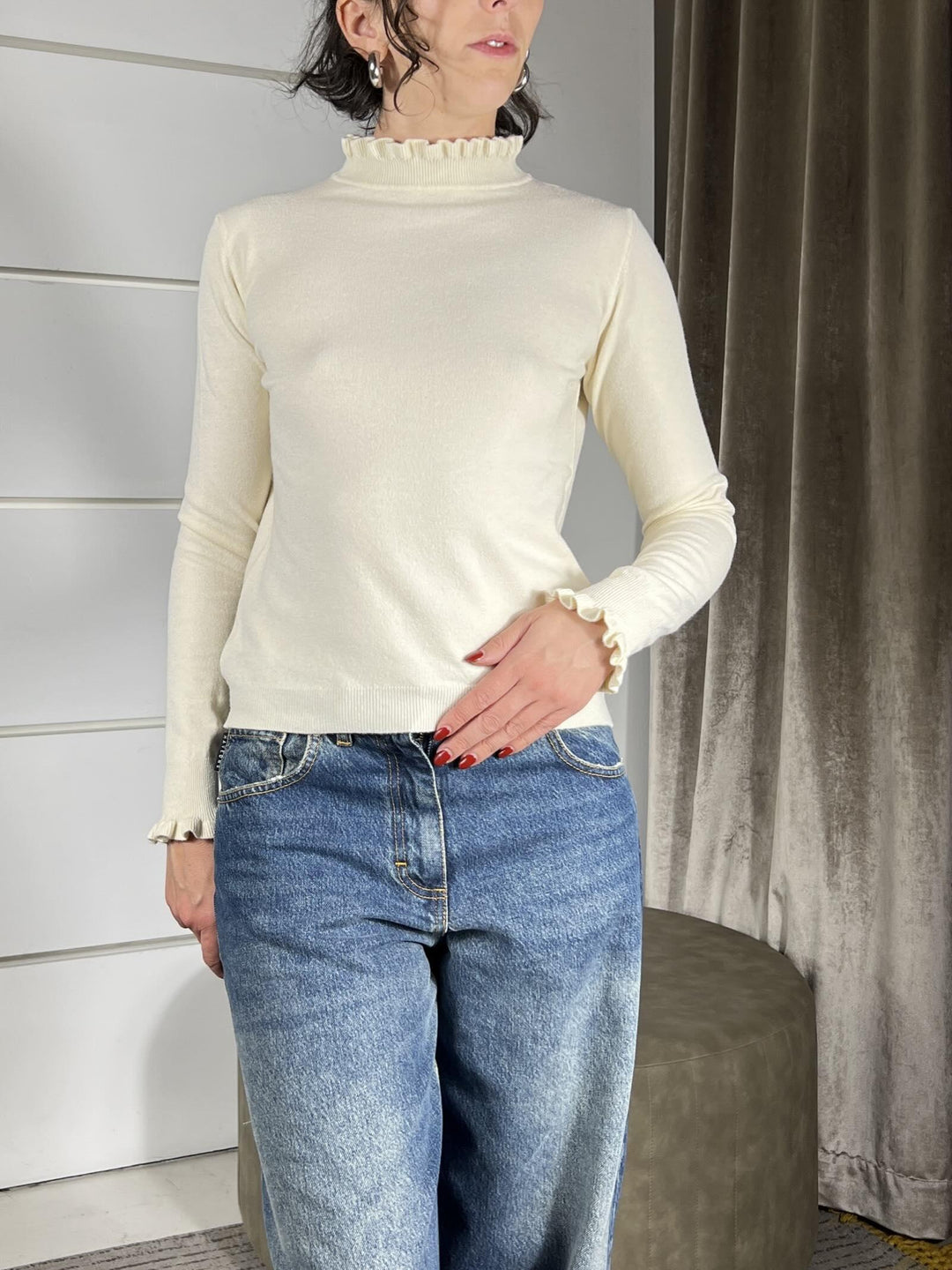 maglia panna  in viscosa con rouches nel collo e nella manica MNC-P059PANNA HAVE ONE