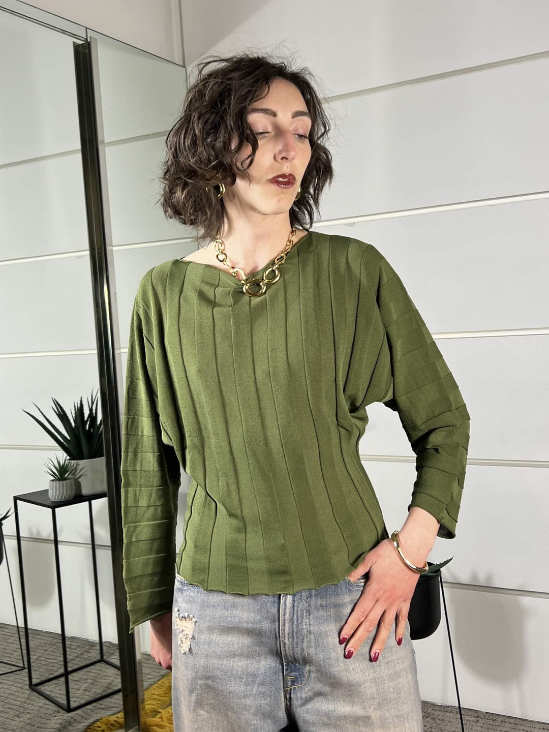 maglia a costa, manica  a pipistrello olio 2AB2140OLIO VICOLO