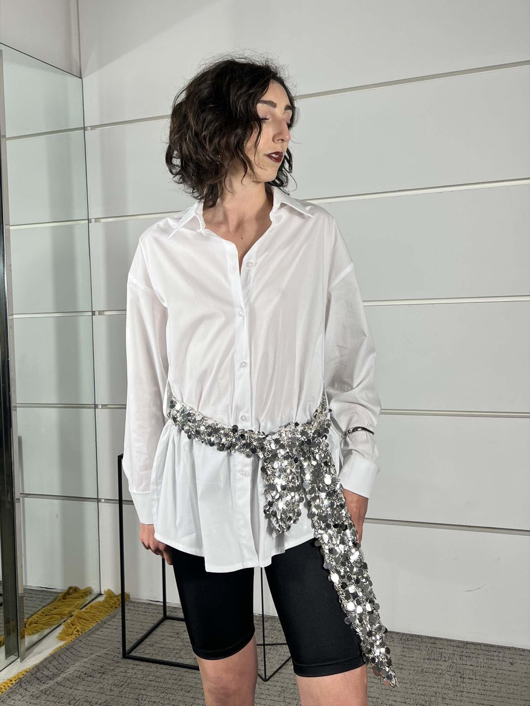 camicia bianca lunga con pareo con paillettes argent 26C4802BIANCO TENSIONE IN