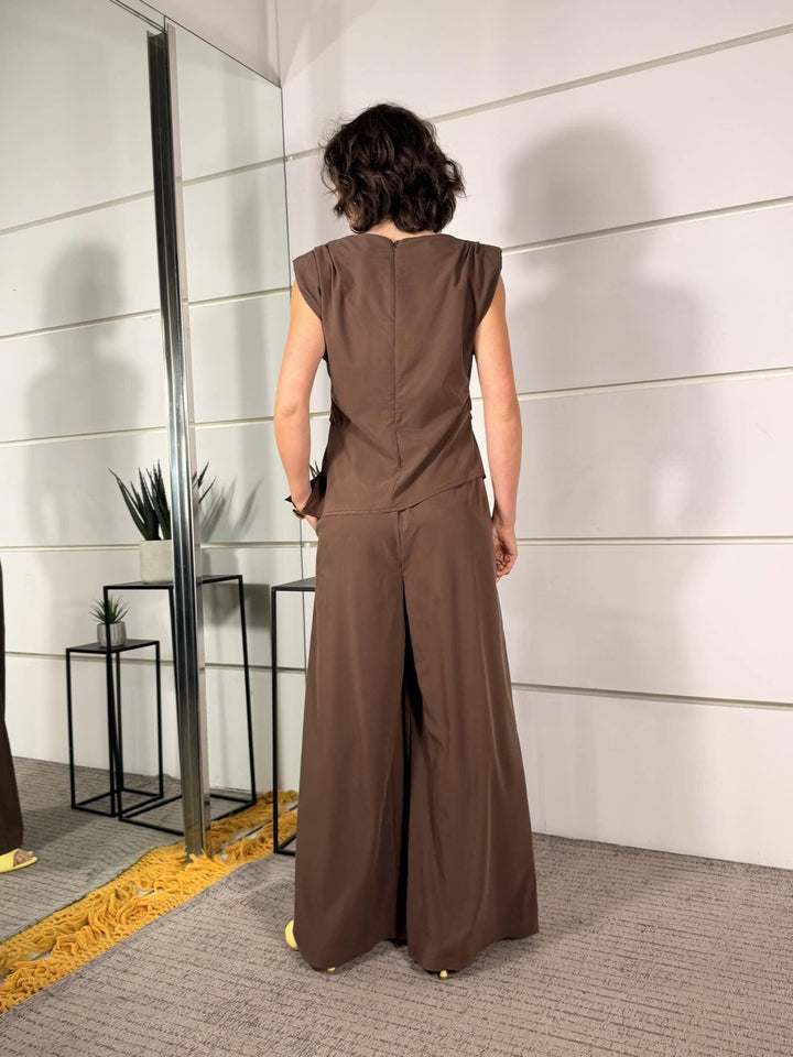 blusacon arricciature e pantalone a palazzo in modal moro PP385T387MORO SUSY MIX