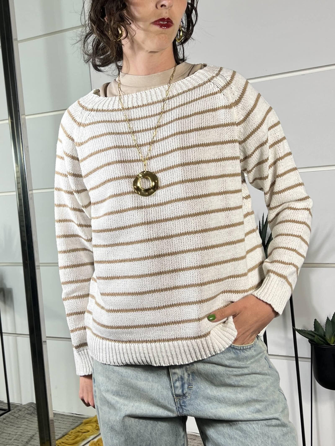 maglia a  barca rigata manica lunga crema e sabbia W26063CREMA SUSY MIX