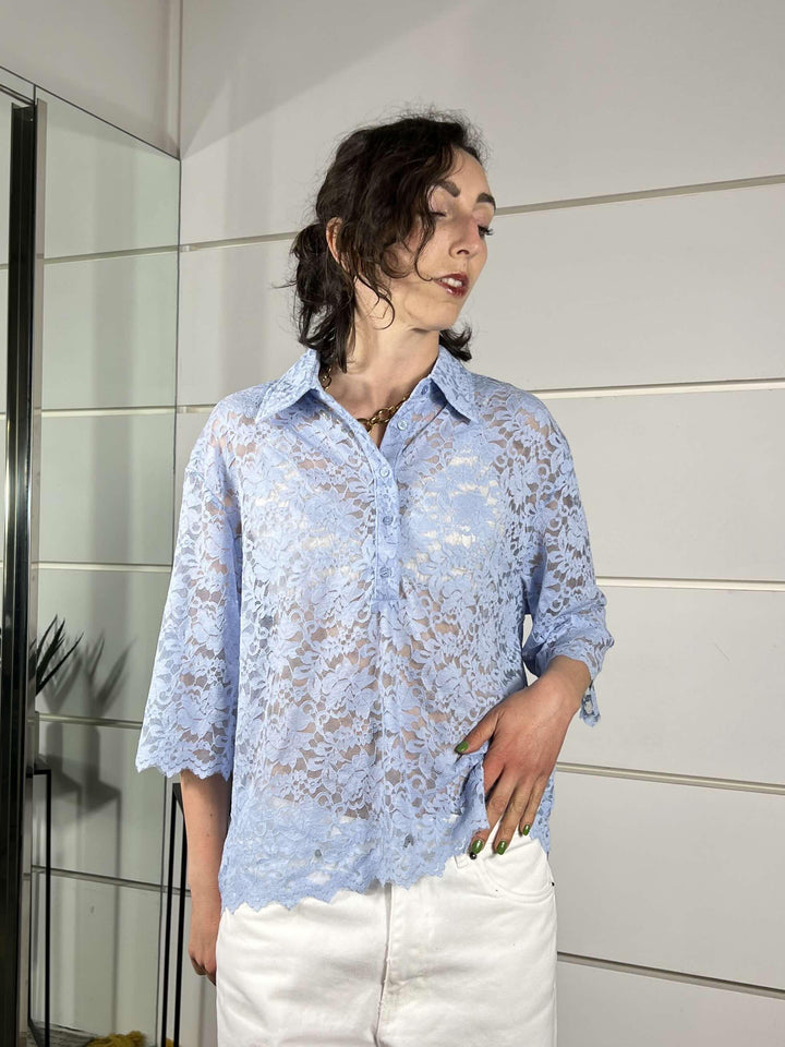 maglia a polo over in pizzo celeste 12088CELESTE SUSY MIX