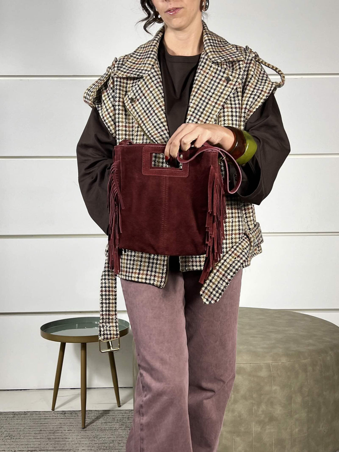 borsa a mano con  frange bodeaux in camoscio WCP-N090BORDEAUX HAVE ONE