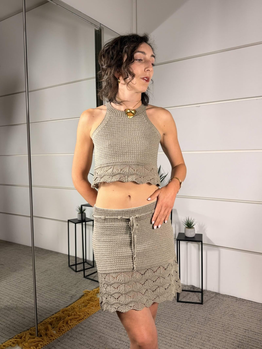 completo crochet top e gonna corta sabbia A1552SABBIA SPICY CAFE