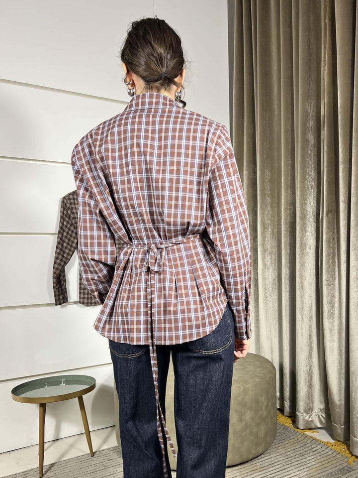 camicia cioccolato a scacchi con spallina sfiancata, laccio nel retro TF1531CIOCCOLATO VICOLO