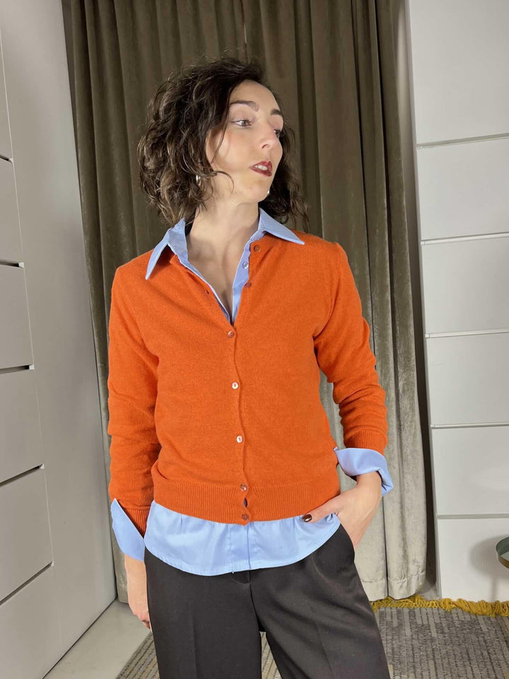 cardigan girocollo con bottoncini arancio in misto lana e cashmere D82083ARANCIO TENSIONE IN