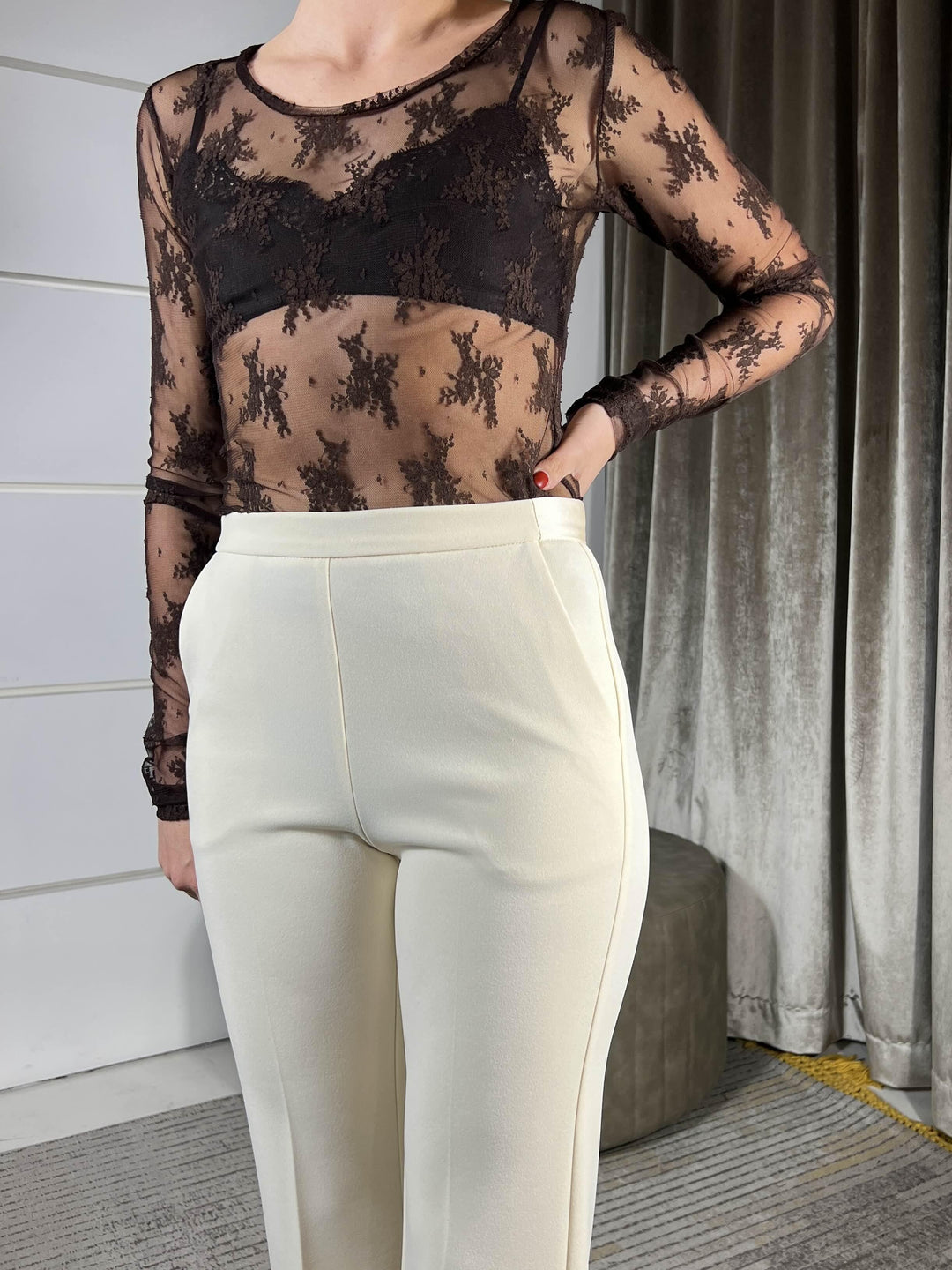 pantalone a zampa gesso con inserti in raso P3E9KAW1132 IMPERIAL