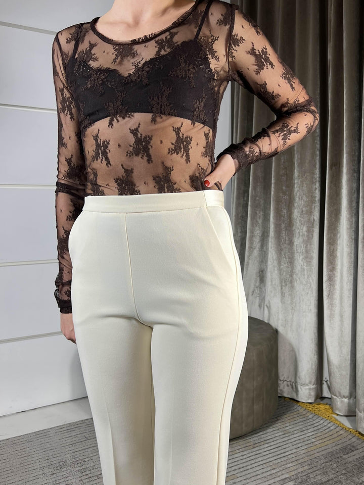 pantalone a zampa gesso con inserti in raso P3E9KAW1132 IMPERIAL