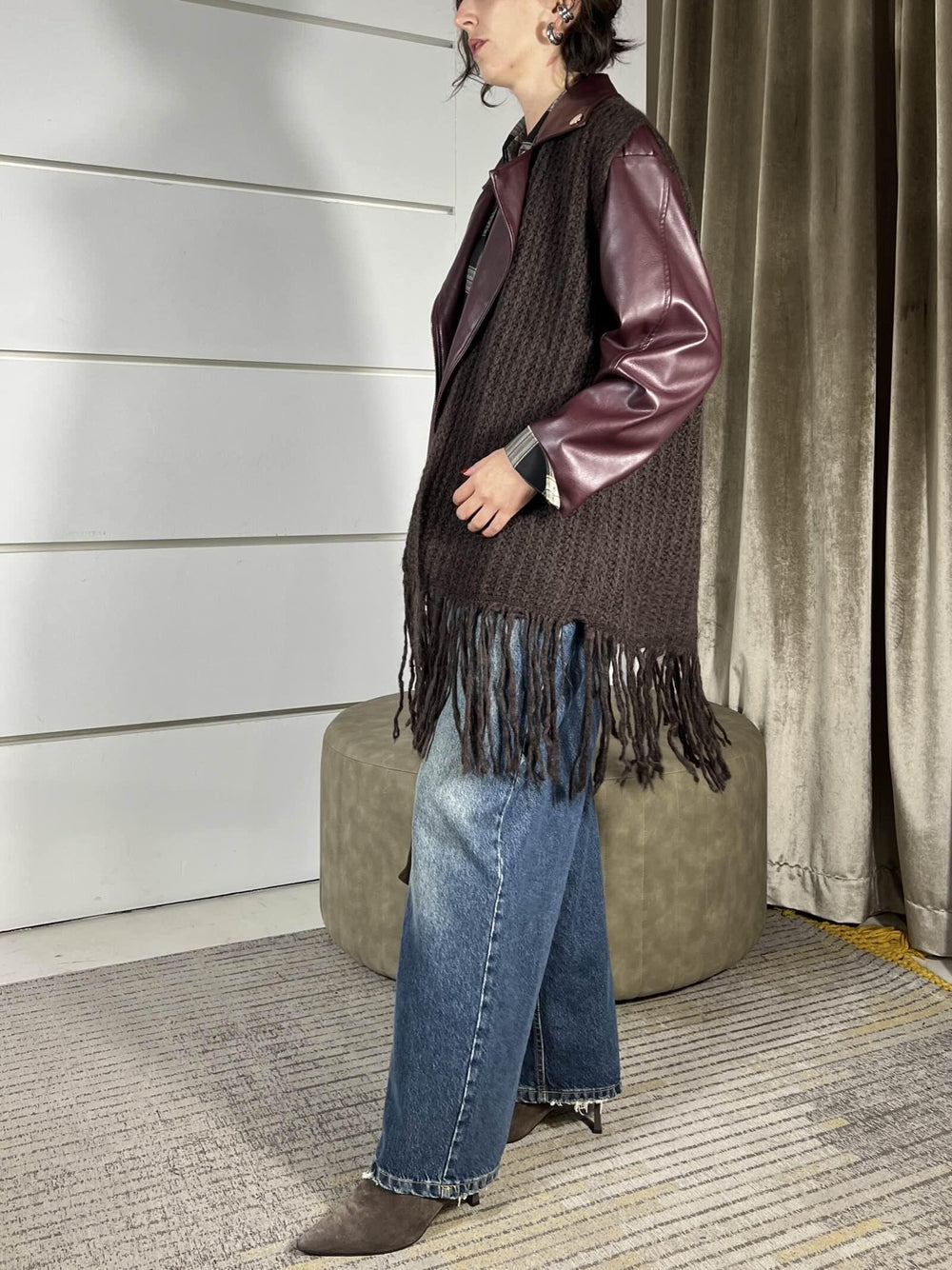 gilet lungo moro  in misto lana con frange F01O0656MORO PHILIA LOFT