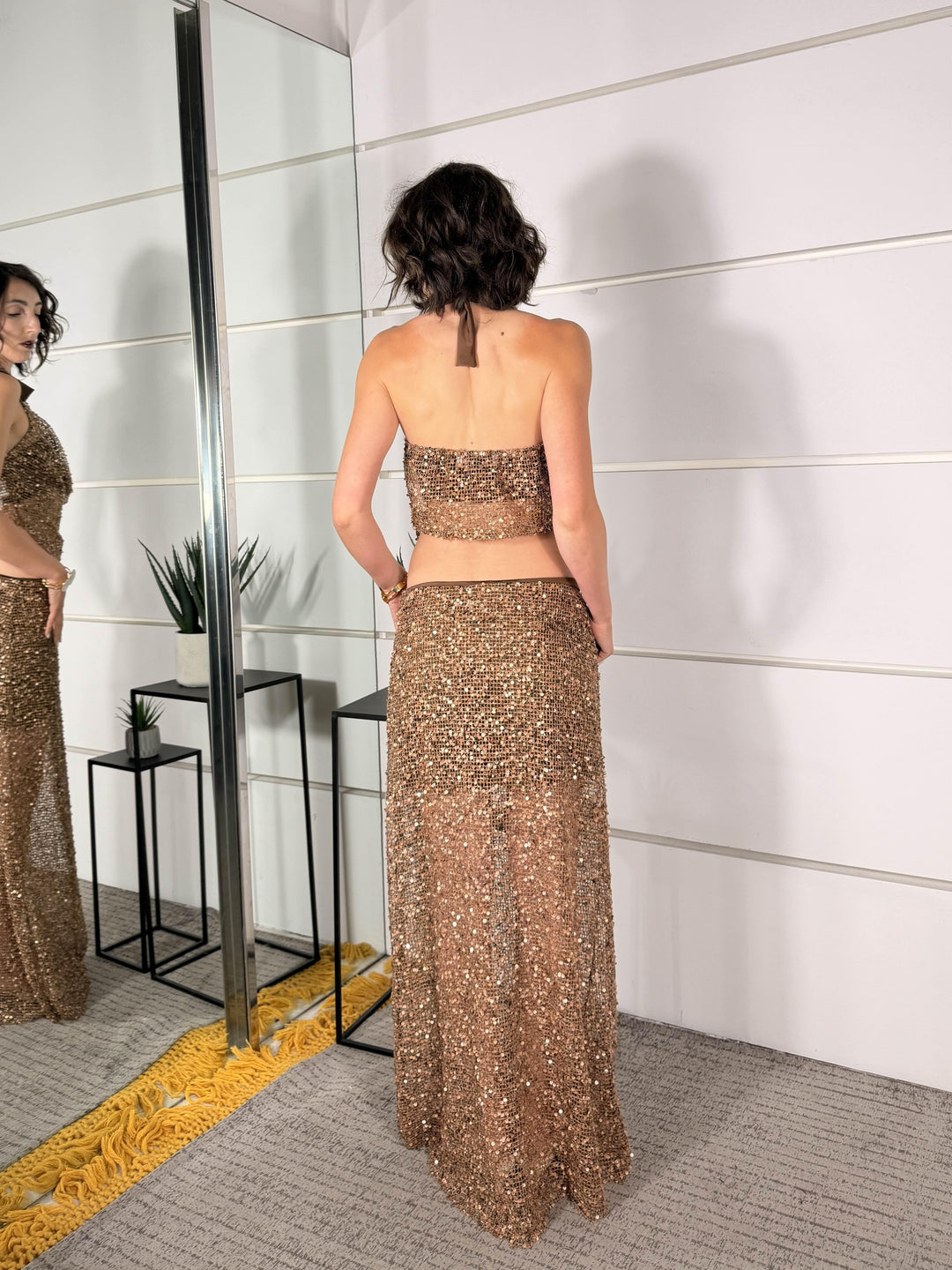 top assimetrico a rete con paillettes bronzo RMA-Q062BRONZO HAVE ONE