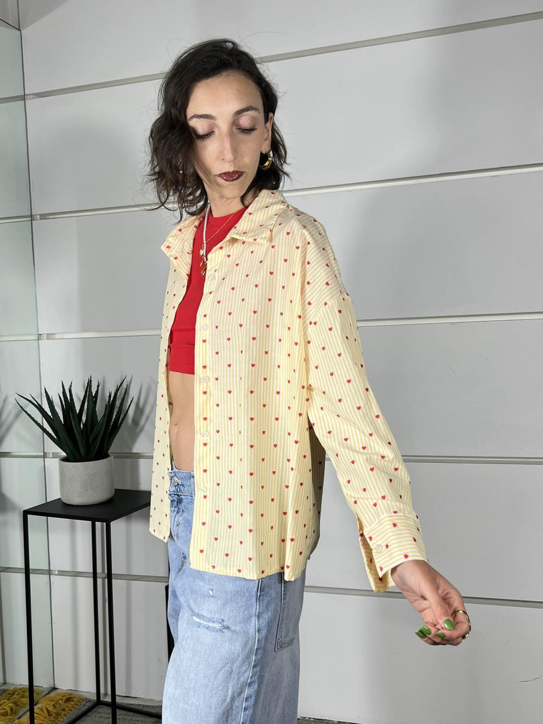 camicia a righe giallo e bianco con cuori rossi 0065CUORI/GIALLO SPICY CAFE