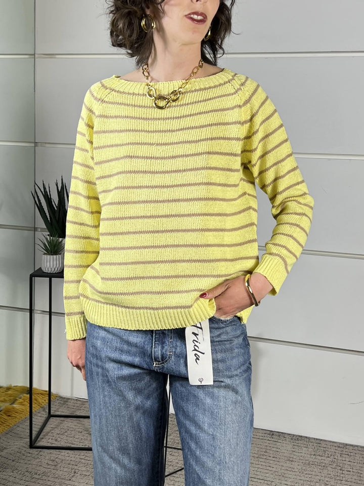maglia a  barca rigata manica lungagialla e cammello W26063GIALLO SUSY MIX