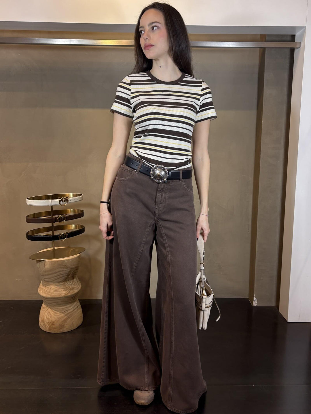 t-shirt a righe aderente panna cioccolato giallo CINZANOMGP PINKO