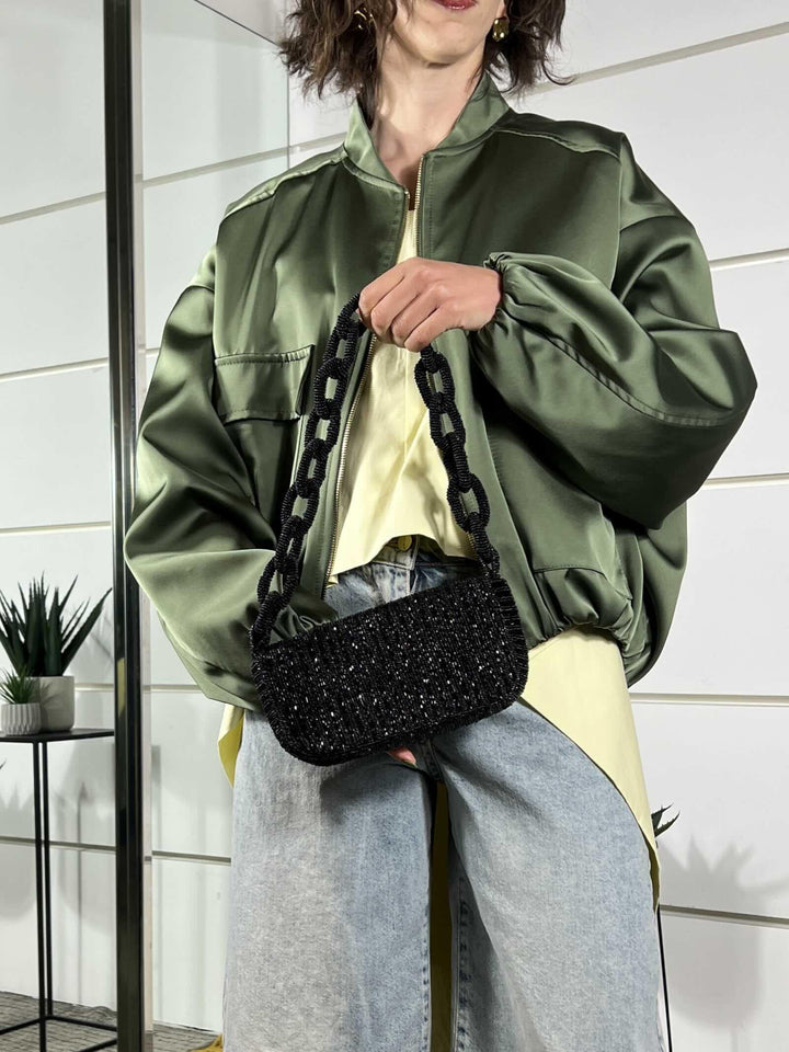 borsa a pochette con perline e tracolla nera BO1400NERO SUSY MIX