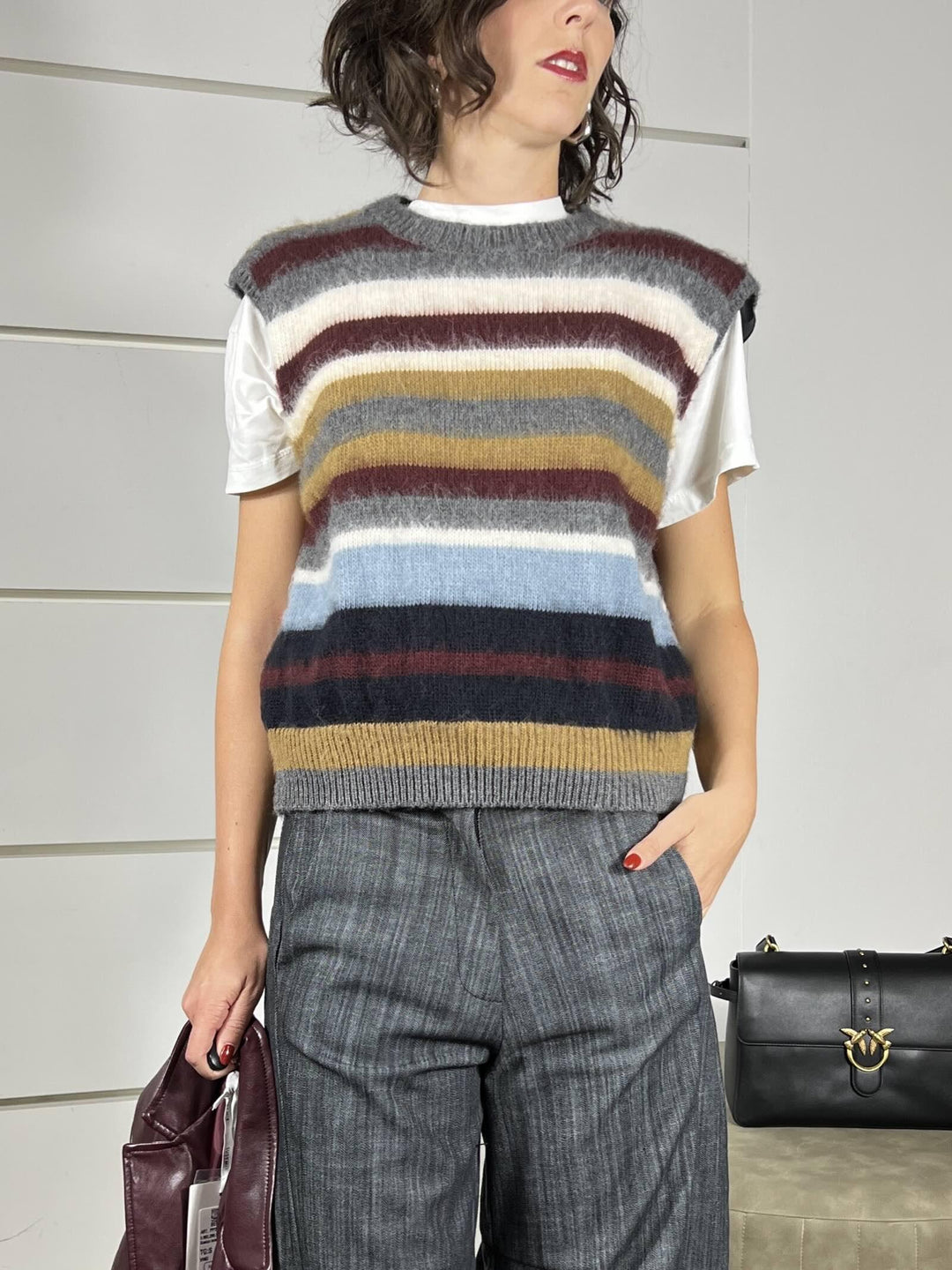 maglione a gilet con spallina a righe 55137FGRIGIO/BORDEAUX/CELESTE/BURRO VICOLO