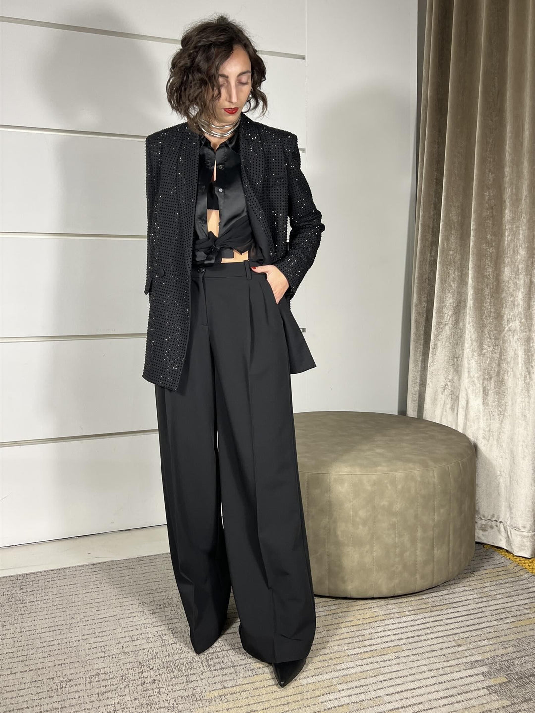 PANTALONE NERO A PALAZZO FLUIDO RISO PANTALONEZ99 PINKO