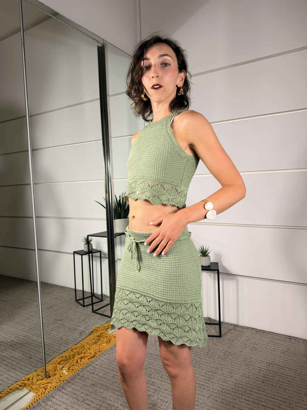 completo crochet top e gonna corta verde A1552VERDE SPICY CAFE
